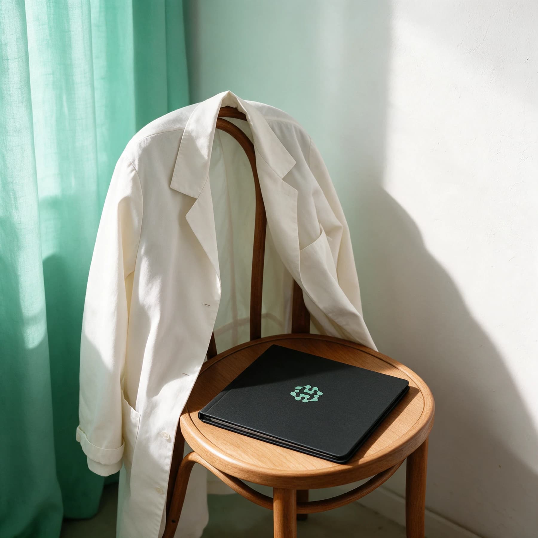 An ivory coat draped over a wooden chair beside a mint curtain.